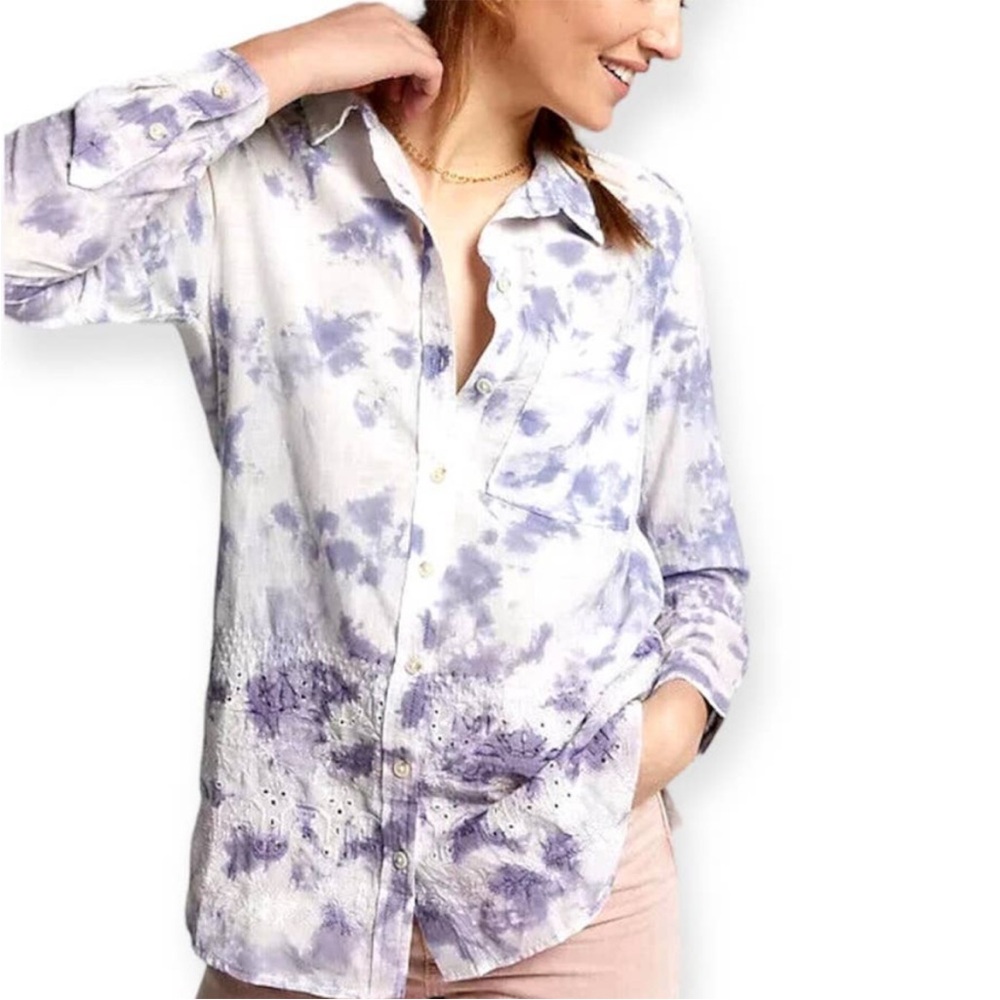 Pilcro Anthropologie Cate button up 100% cotton embroidered eyelet tie dye shirt